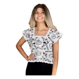 Crop Top Artesanal Yucateca Bordada Blanca Flores Grafito