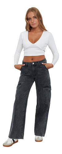 Jeans Mujer Cargo 90´s Gris Acid Wash Corona