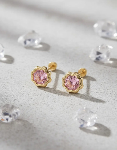 Aretes Broquel Oro Sólido 10k Flor Diamantada Mediana