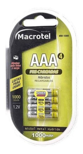 Macrotel Pilas Recargables Precargadas Aaa 1000mah 4 Un.