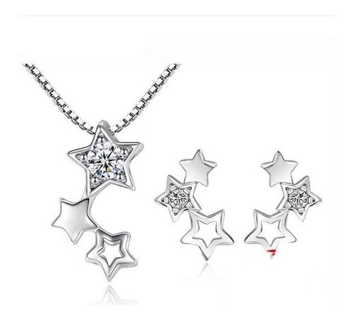 Collar Y Aretes Diseño De Estrellas Chapado Plata Para Mujer