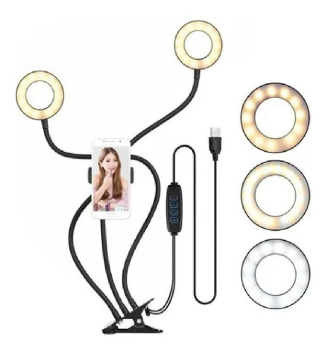 Ring Light Duplo C/ Suporte Celular E Garra P/ Mesa 3 X Em 1