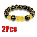 Pulsera Original De Feng Shui Piedras Obsidiana Pixiu Oro, 2