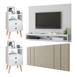 Kit 2 Mesa Cabeceira 1.4 Painel Prateleira Tv 50 Pol Quarto Cor Branco | Bege Linho