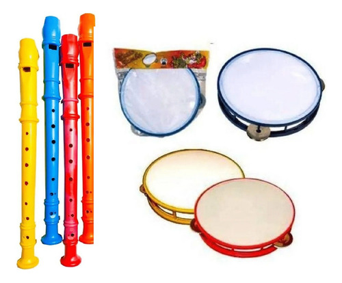 Kit 15 Pandeiro De Brinquedo + 15 Flauta Musical Brinquedo