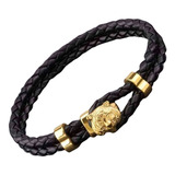 Pulsera De Tigre Hombre Cuero Entrelazado Negro 21cm Largo.