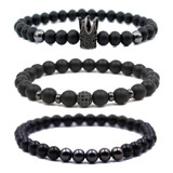 Kit 3 Pulseiras Pedras Obsidiana Fosca Zircônias Cravejadas