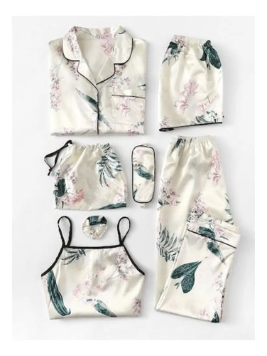Pijama Blanca Con Flores Satinada - Set 7 Conjunto