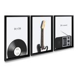 Quadro Decorativo Rock Guitarra Radio Disco 3pç C/ Moldura