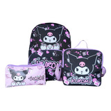 Set Escolar Kuromi Morral Lona+ Lonchera+ Cartuchera Triple