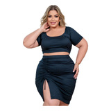 Conjunto Feminino Plus Size Saia E Cropped Modelador 2 Peças