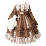 Vestido Lolita De Manga Larga Con Lazo Y Encaje Para Mujer