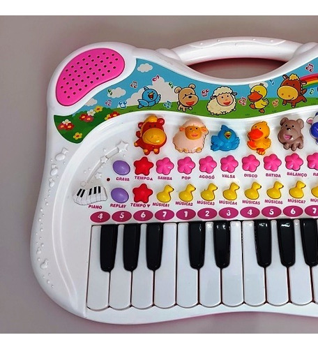 Piano Musical Animal Teclado Infantil Rosa Gravador Sons Bra