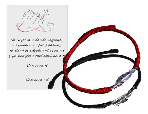 Par Pulseras Parejas Plata Ley 925 Plumas Hilo Chino  B620