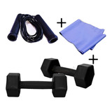 Kit Mancuernas 1k Rellenas  + Soga Salto Pvc + Banda Larga P