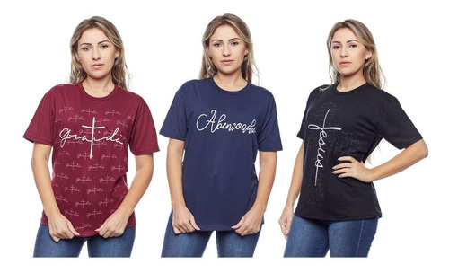 Kit Com 3 Blusa Camisetas Feminina Católica Gospel T-shirt