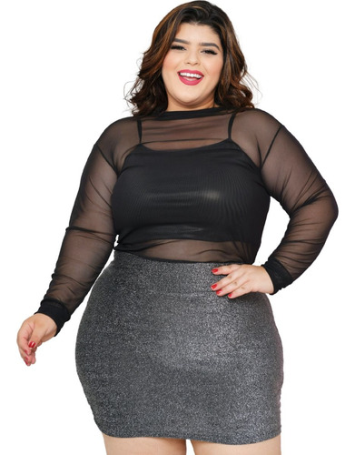 Trijunto Plus Size Cropped + Blusa De Tule + Saia Em Lurex 