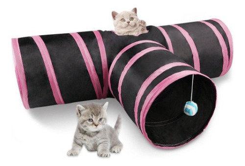 Tunel Para Gato Dobravel 3 Entradas Preto E Rosa Formato T