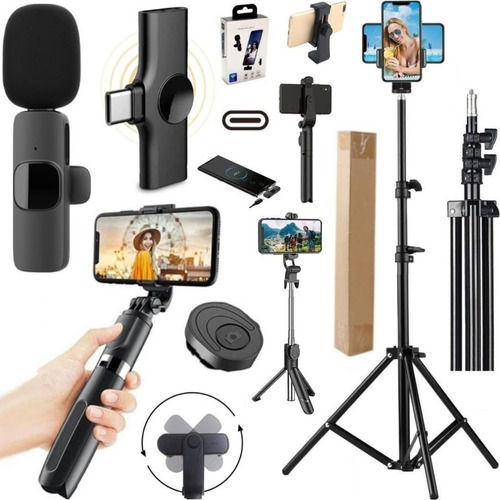 Kit Filmagem No Celular Tripé Microfone Sem Fio Profissional