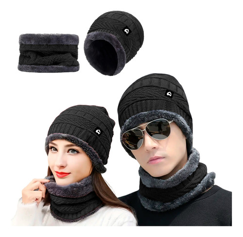 Gorro Bufanda Conjunto Para Frio Invierno Unisex Tejido Lana Color Negro