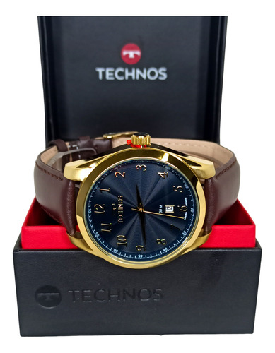 Relógio Dourado Pulseira De Couro Masculino Original Technos