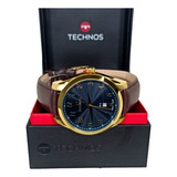 Relógio Dourado Pulseira De Couro Masculino Original Technos