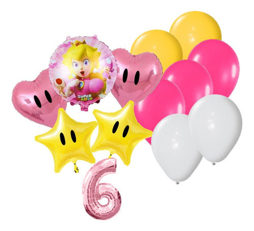 Globos Princesa Peach + 10 Látex + 1 Número 40cm 