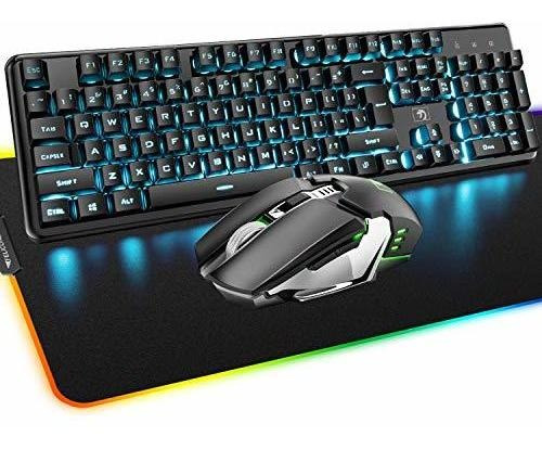 Teclado Inalambrico Y Mousepad, 3 En 1 Led Azul Retroilumina