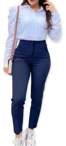 Pantalon De Vestir Mujer Azul Marino Dama Cintura Alta 