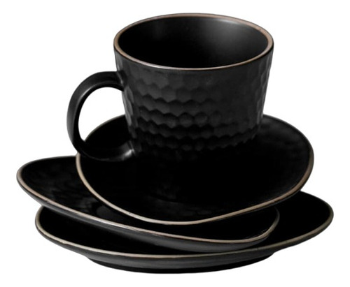 Taza Con Plato X2 Diseño Panal Negro Ceramica 220ml
