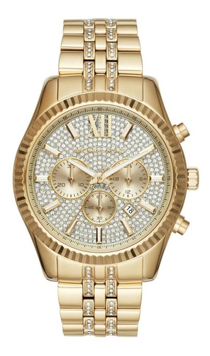 Reloj De Pulsera Michael Kors Lexington Mk8579 De Cuerpo Color Oro, Analógico, Para Hombre, Fondo Plateado, Con Correa De Acero Inoxidable Color Oro, Agujas Color Oro Y Blanco, Dial Oro Y Blanco, Sube