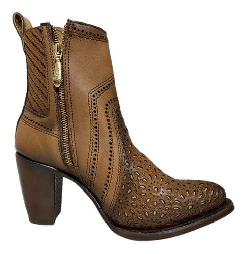 Botin Vaquero Casual Oval Alto Dama Cuadra Piel Color Maple