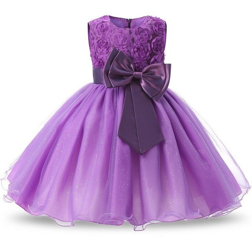 Vestido Niña Fiesta Gala Paje Morado Pechera Flores