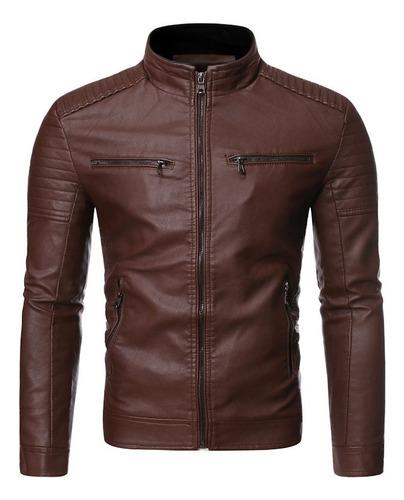 . Chaqueta De Cuero Pu A Rayas Con Doble Cremallera Y Cuello A