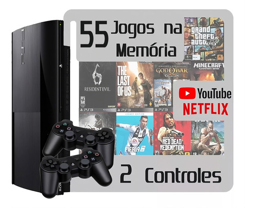 Ps3 250gb + 55 Jogos Com Gta E Fifa + 2 Controles + Garantia Com Gta 5 Fifa The Last Of Us God Of War Vídeo Game Playstation 3 Super Slim