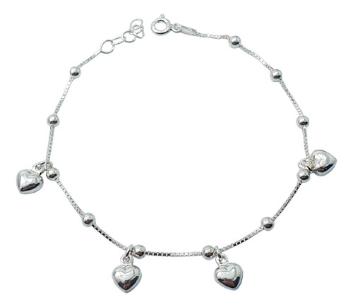 Pulsera Plata 925 Delicada Dama Corazones Inflados 19cm 