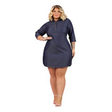 Vestido Camisa Longa Jeans Manga 3/4 Plus Size Botões Decote