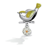 Charm O Dije De Pajarito O Pajaro, Flor De Primavera,  Plata