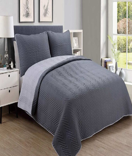 Cubrecama Gris Quilt  Reversible  Queen Cotton Touch 230x250