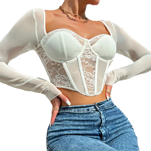 Blusa Crop Top Campesina Corset Encaje Malla Manga Larga