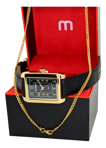 Kit Relógio Mondaine Pulseira De Couro Dourado + Cordão Luxo
