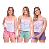 Kit 3 Conjuntos Baby Doll Short + Regata Pijama Sortido