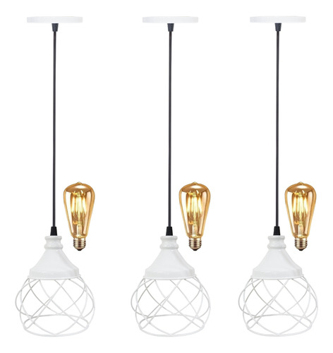 3 Pendente Aramado Esfera Balonê Regulável Lustre 3 Lâmpadas