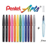 Canetas Pincel Pentel Touch Sign Pen Com 12 + Aquash Fina