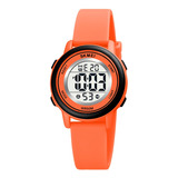 Reloj Unisex Skmei 1721 Sumergible Digital Alarma Cronometro Color De La Malla Naranja/negro Color Del Fondo Blanco