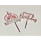 2 Cake Topper Letrero Pastel Happy Birthday Oro Rosa Disney