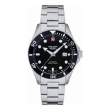 Reloj Swiss Alpine Military Deep Sea Diver 300m 7095.2137sam Malla Plateado Bisel Negro Fondo Negro