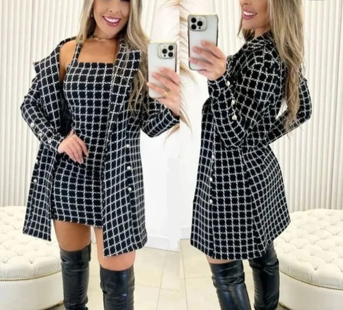 Conjunto Vestido Xadrez E Sobretudo Inverno Promoção