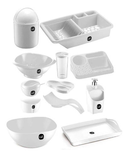 Kit 12 Pç Para Cozinha Com Lixeira E Escorredor De Louças Uz Cor Branco