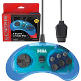 Control Para Sega Genesis Alambrico 6 Botones Azul Transpare